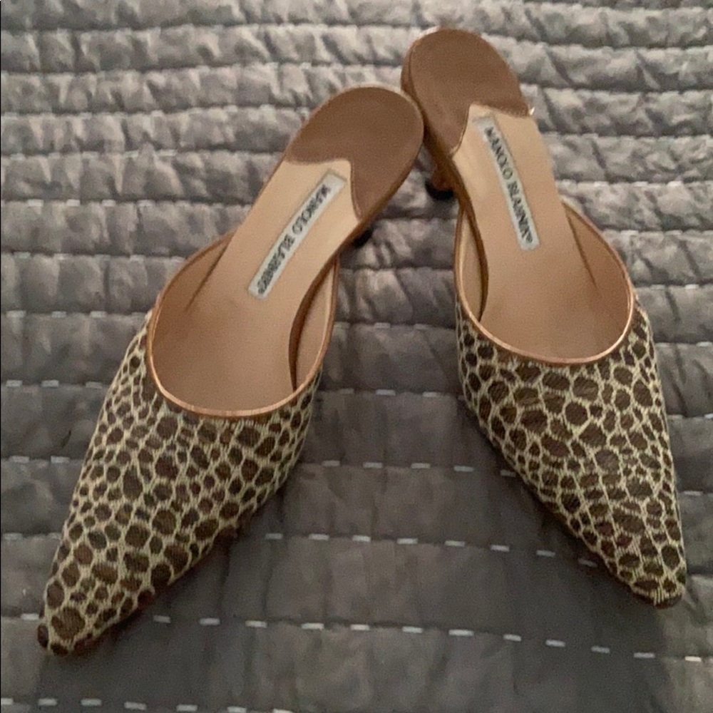 Manolo Blahnik Animal print kitten heel mules